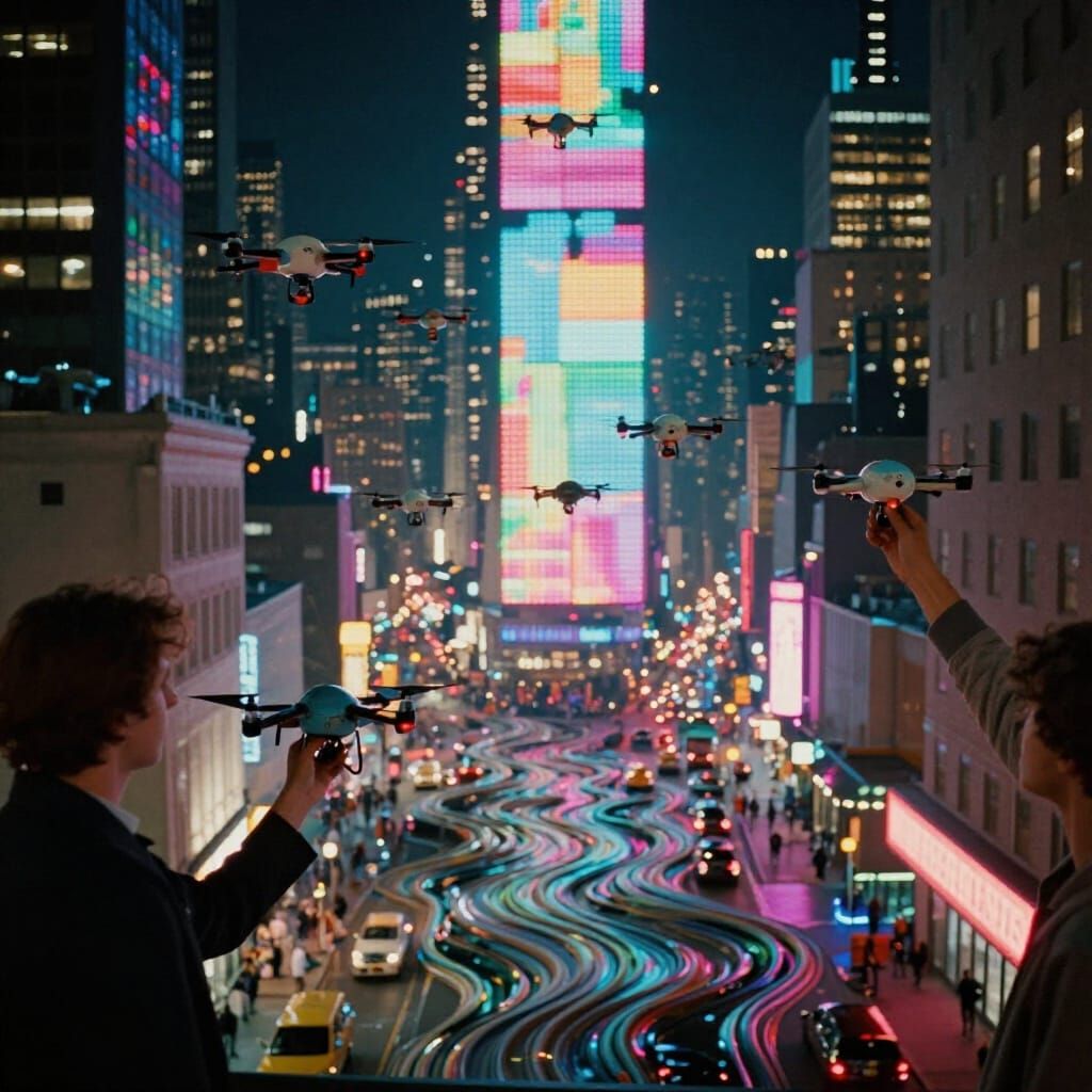 Surreal NYC Nightscape with Drones and Liquid Streets