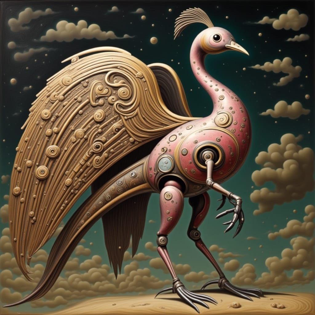 Steampunk Peacockcore Robot with Intricate Metal Wings in Pi...