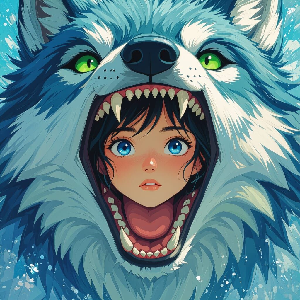 Girl in Wolf's Mouth: Whimsical Digital Art