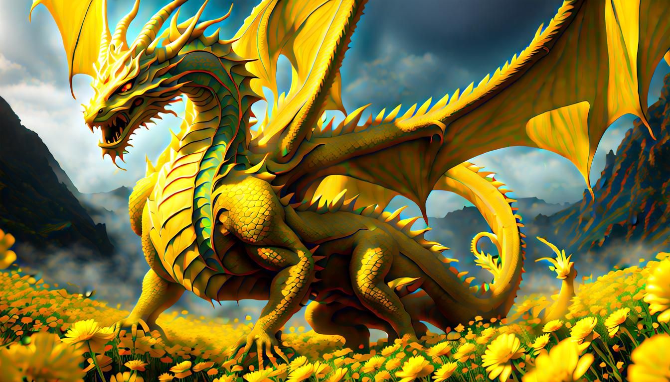 Yellow Dragon God in Cosmic Field, CGI Art