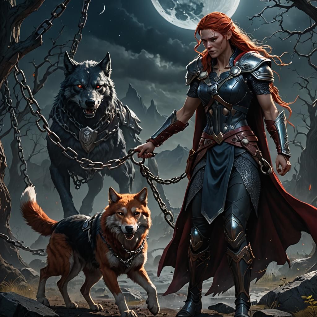 Lady Thor Leads Fenris Wolf Under Full Moon