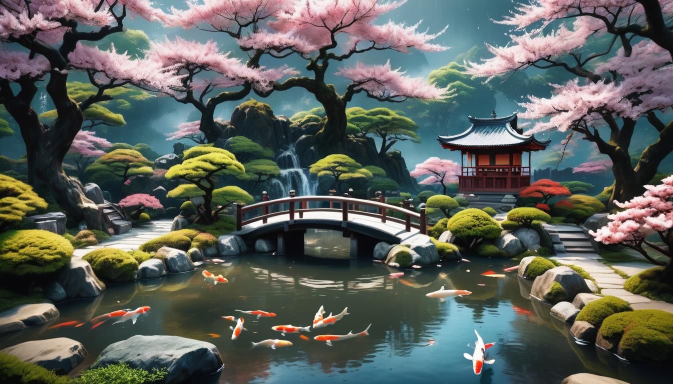 Japanese Garden with Koi Fish and Sakura Trees