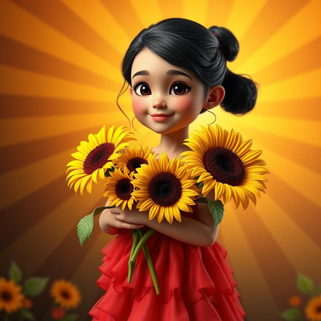 Child in Red Dress Holding Sunflowers: 3D Digital Art