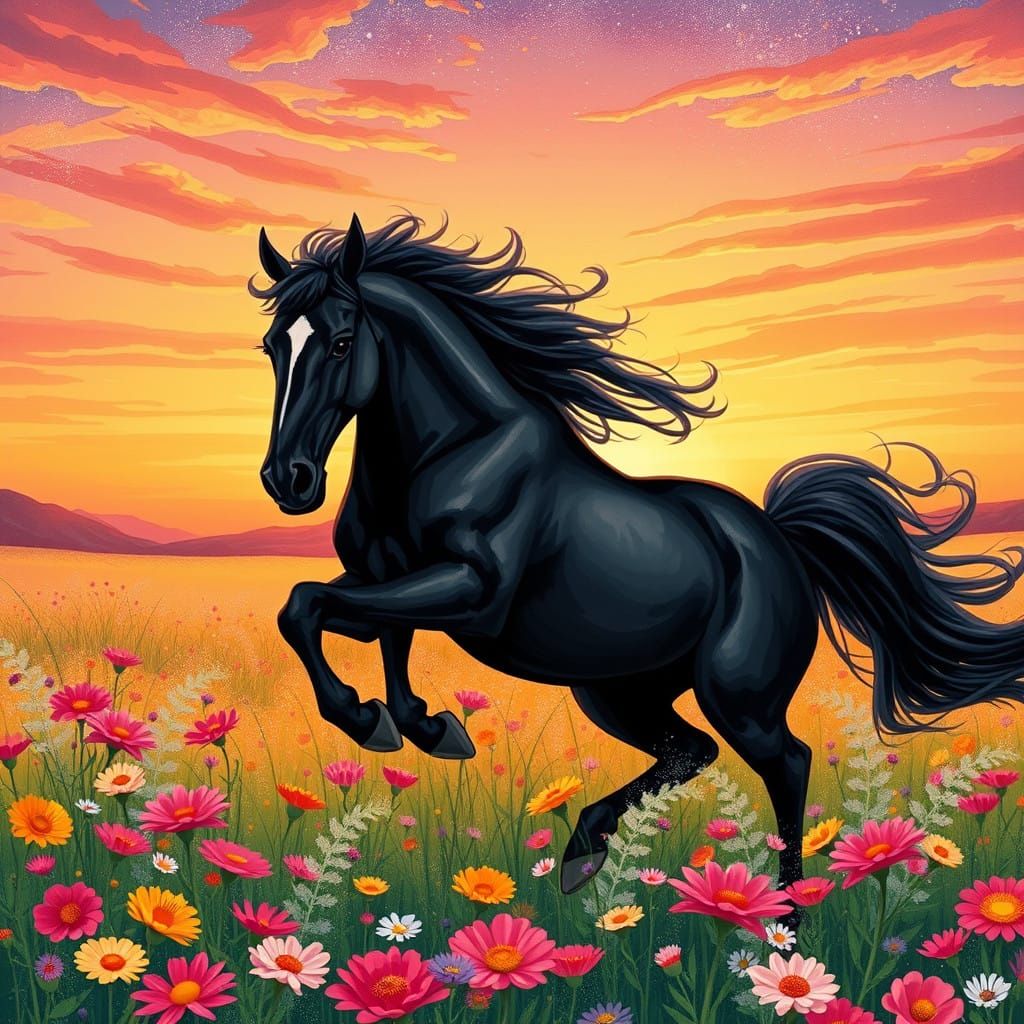 Majestic Black Horse in Vibrant Wildflower Field at Sunset