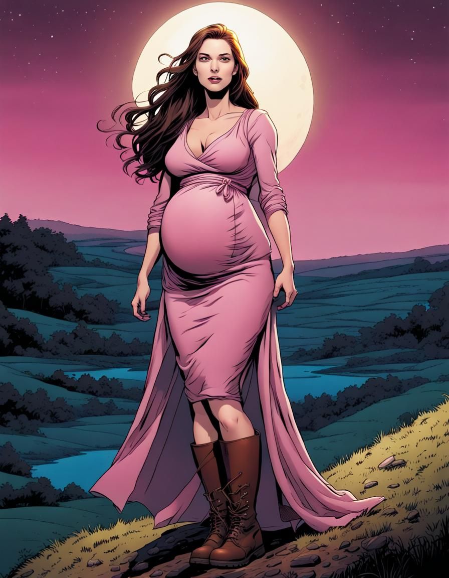 Pregnant Woman on Hill at Night: Comic Book Art