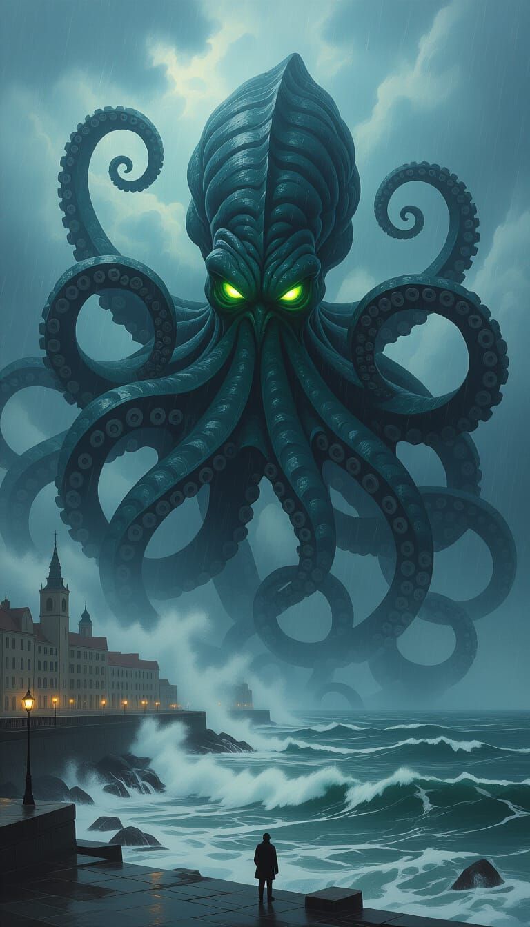 Colossal Kraken Emerges From Stormy Ocean Towards City