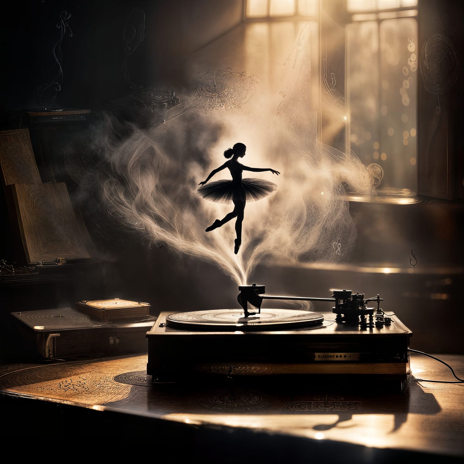 Ballerina's Silhouette Emerges from Musical Mist