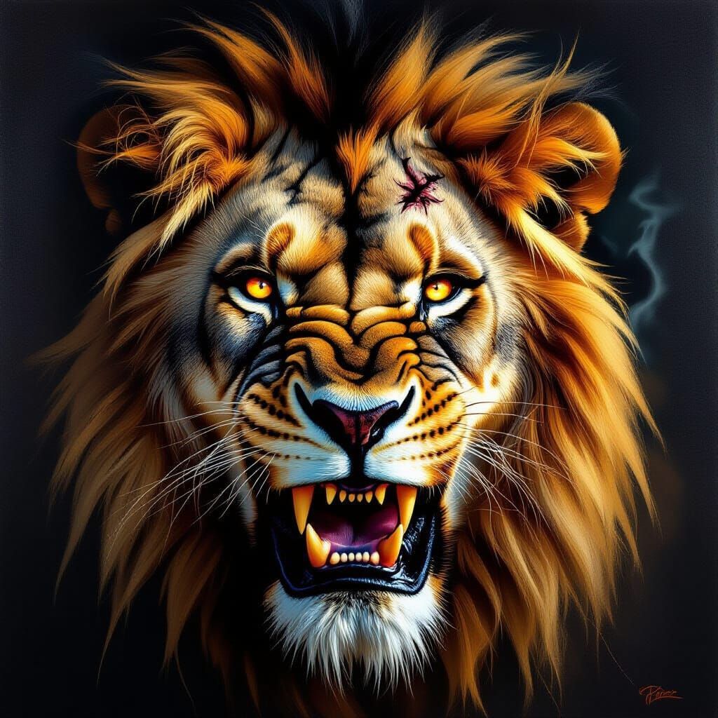 Majestic Lion Snarls With Glowing Eyes, Surreal Oil Painting