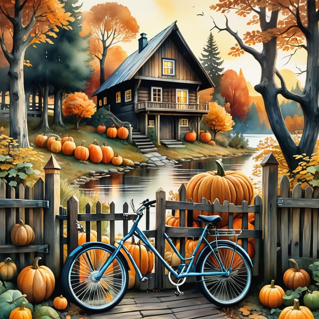 Cozy Cabin in Autumn, Expressive Watercolor Painting