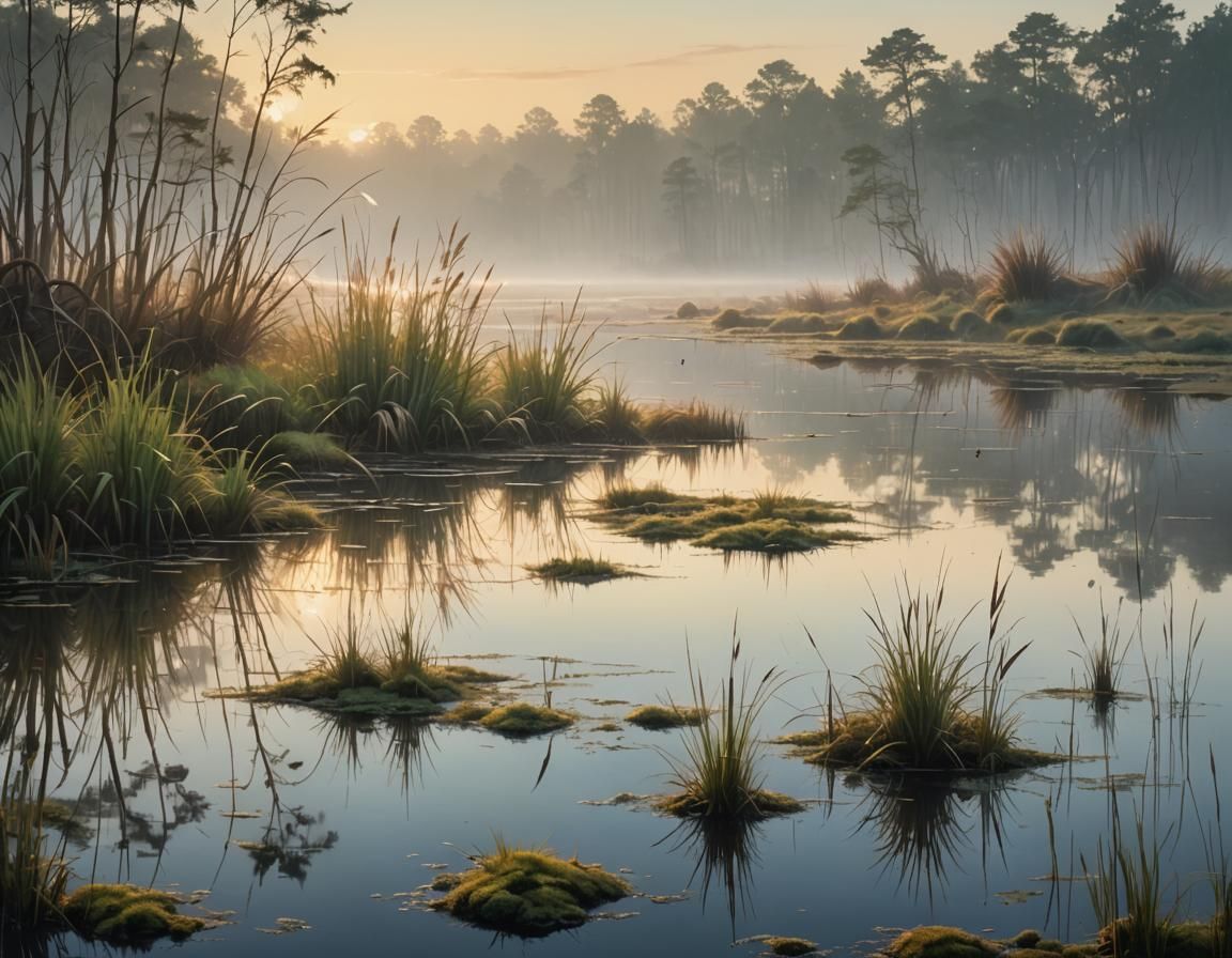 Misty Marsh at Dawn: Dreamy Oil Painting Landscape