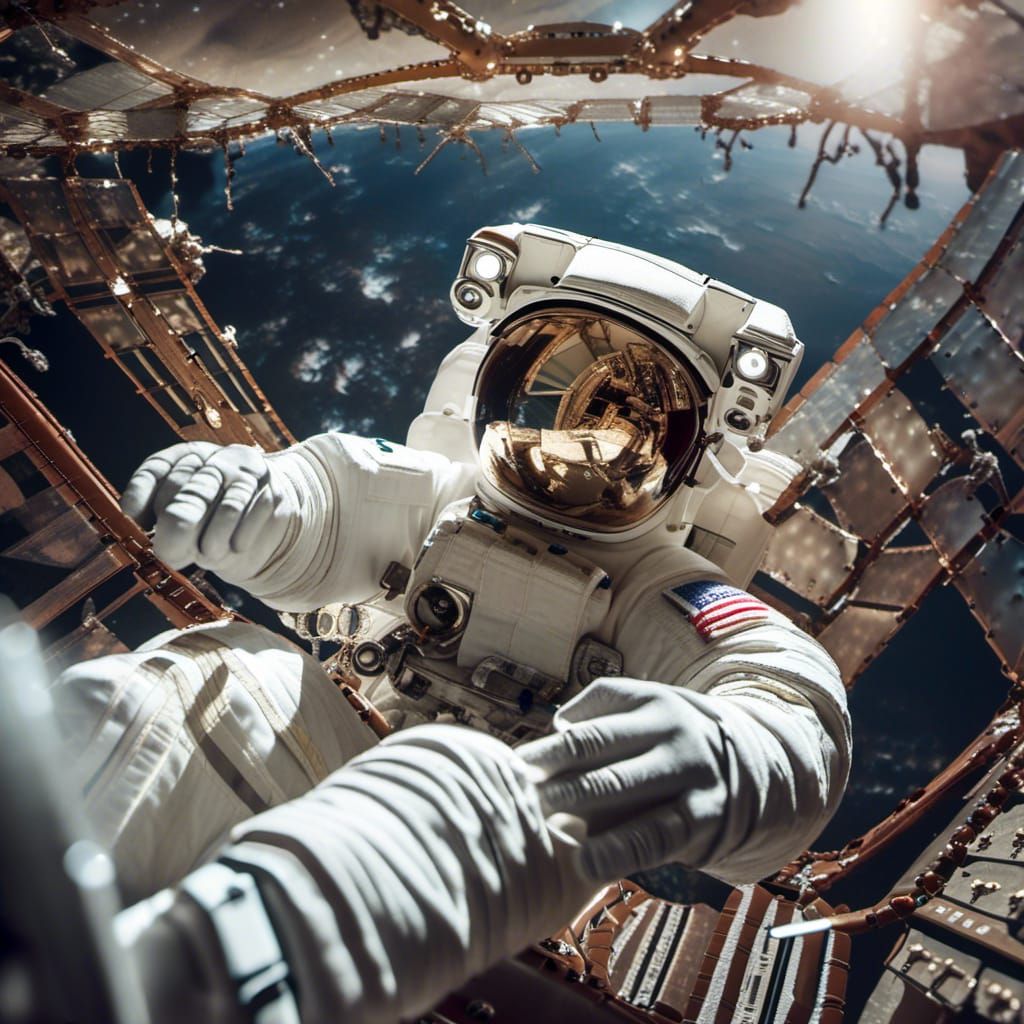 Astronaut Repairs Space Station in Sci-Fi Style