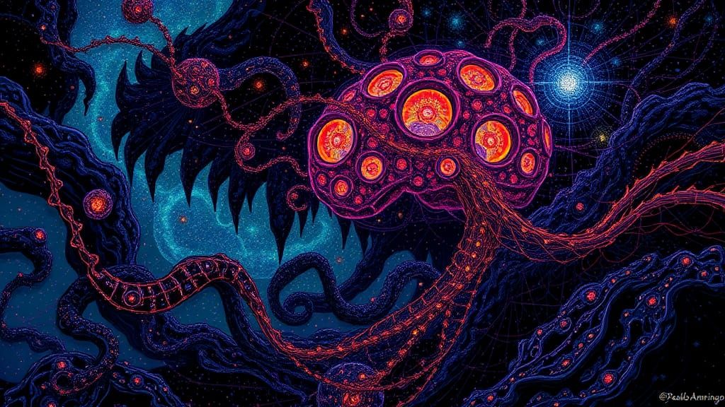 Philosophical Pointillist Concept Art of Language Battle