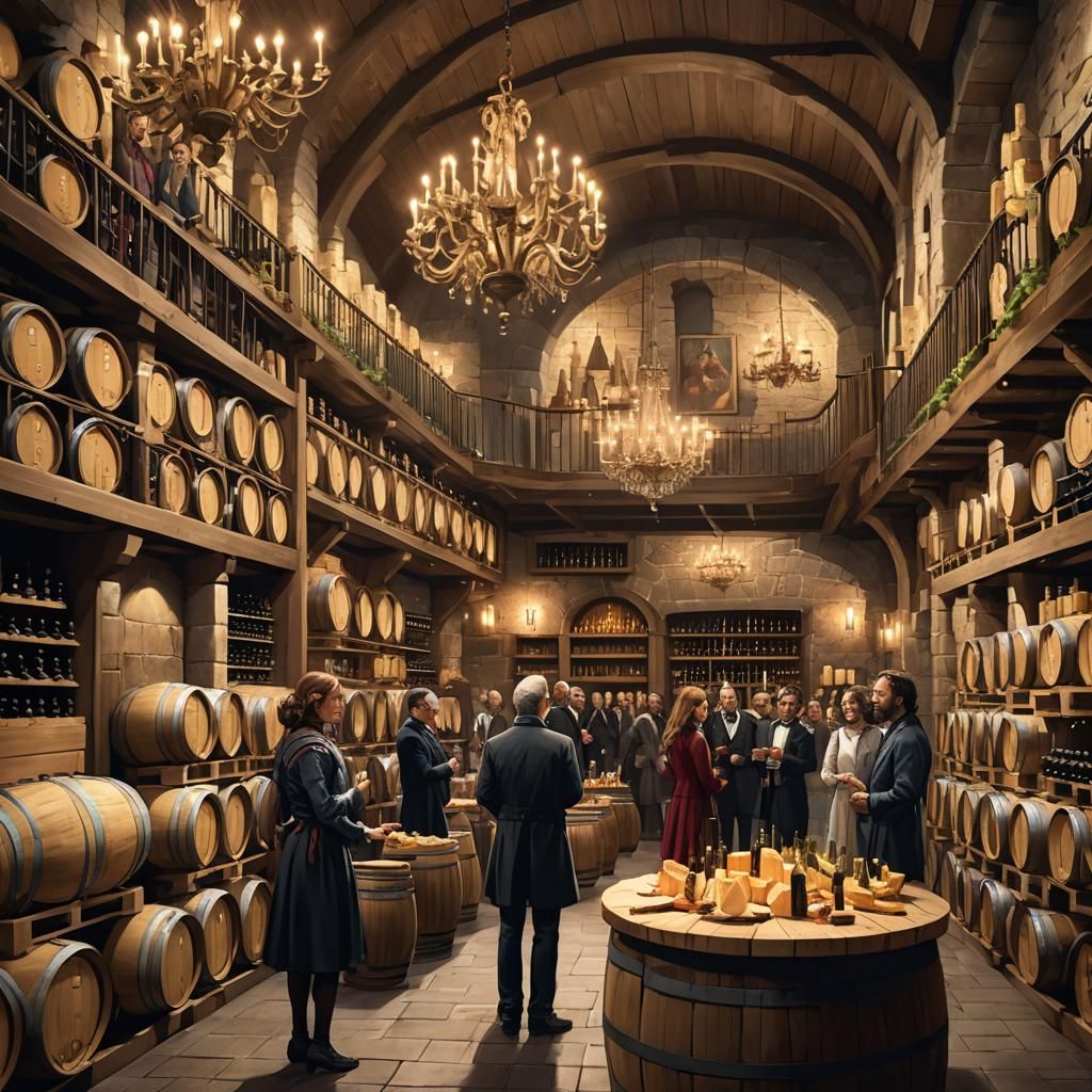 Grand Wine Cellar with People, Hyperdetailed Lighting