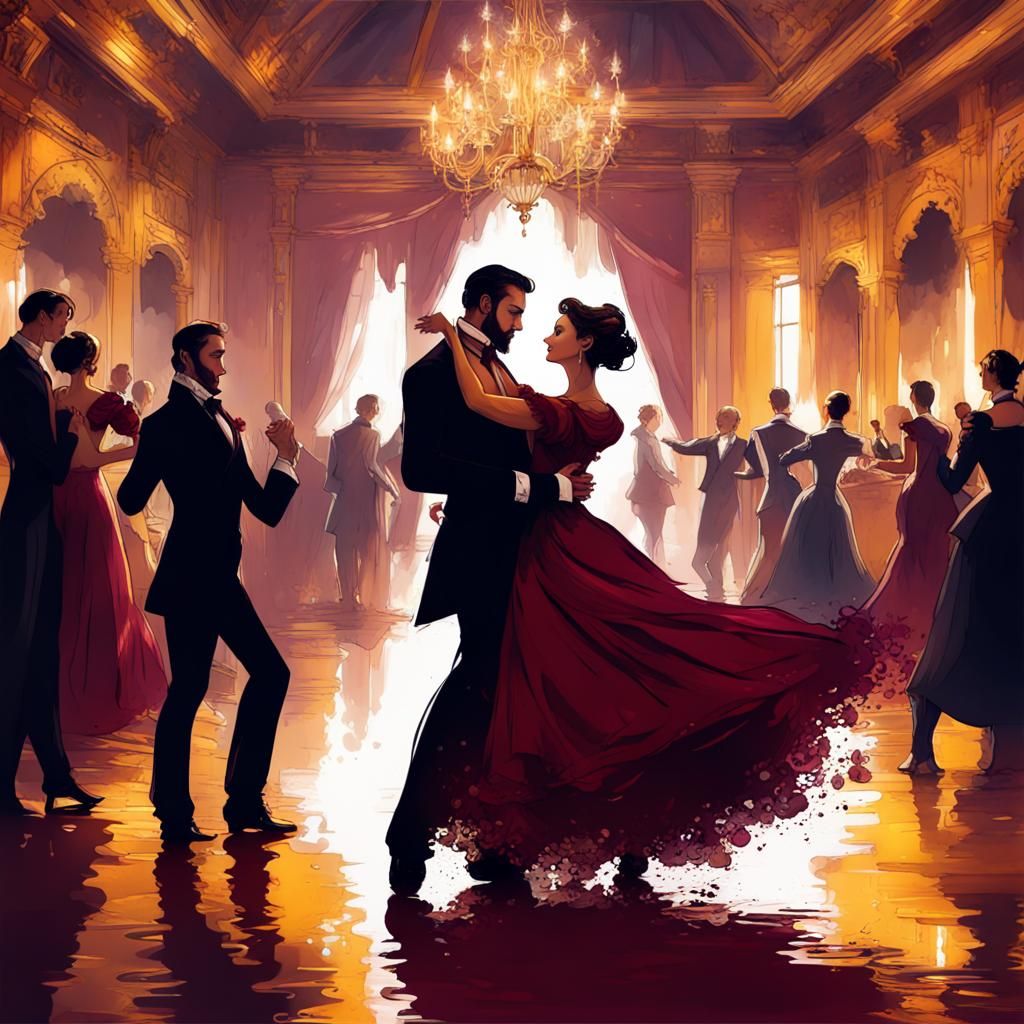 Victorian Couple's Maroon and Gold Ballroom Dance