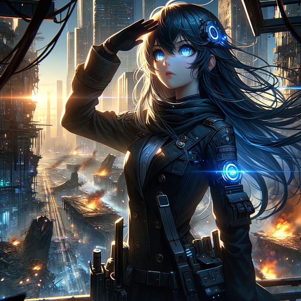 Anime Girl Surveys Futuristic Ruins in Trace Rendering