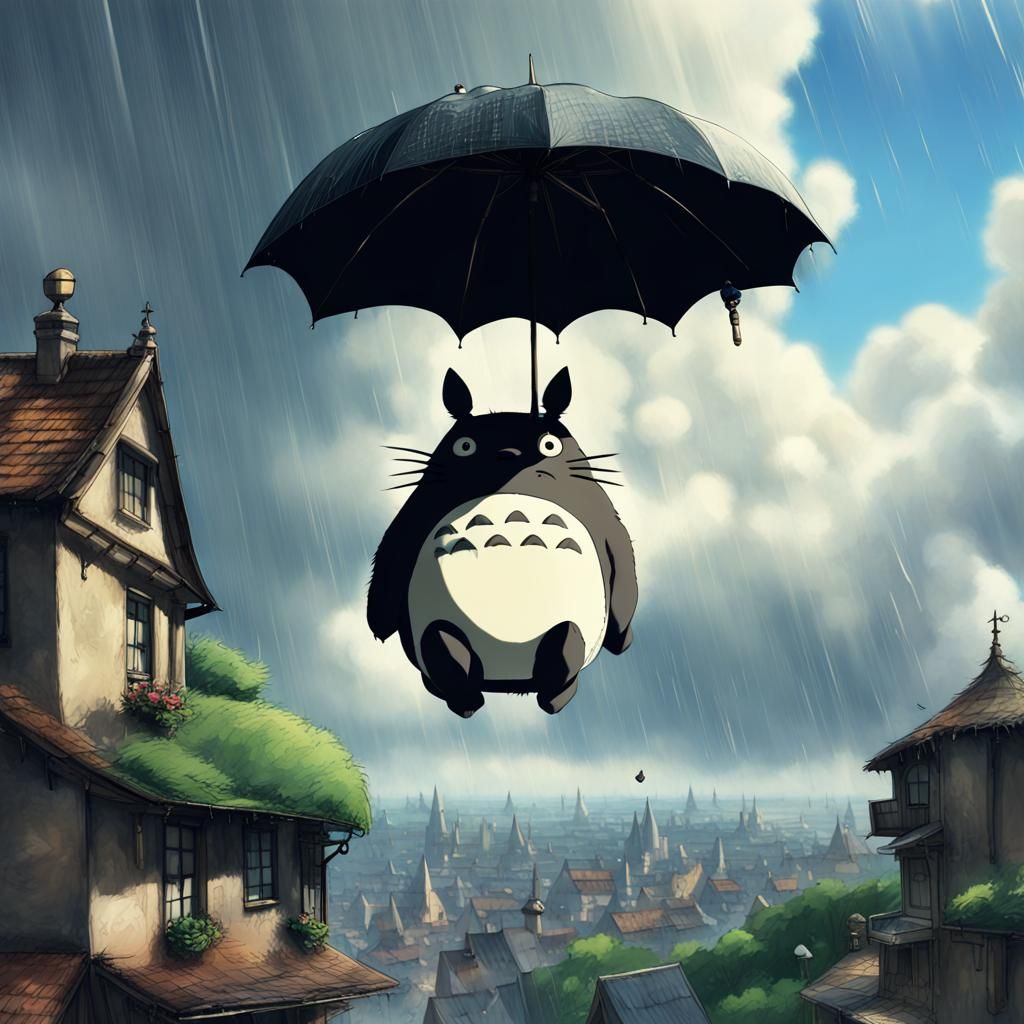 Totoro Flies with Umbrella: Epic Digital Matte Painting
