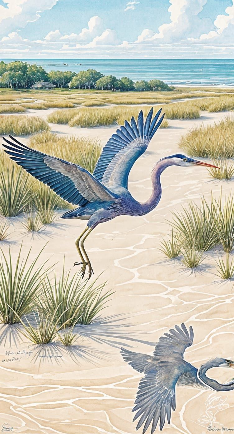 Blue Heron Bird's-Eye View in Watercolor