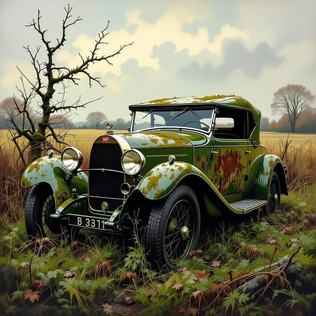 Moss-Covered Bugatti Wreck in Oil Painting Style