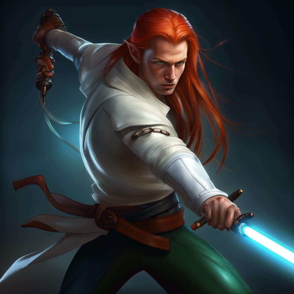 Hobbit Fighter with Lightsaber, Hyperdetailed Portrait