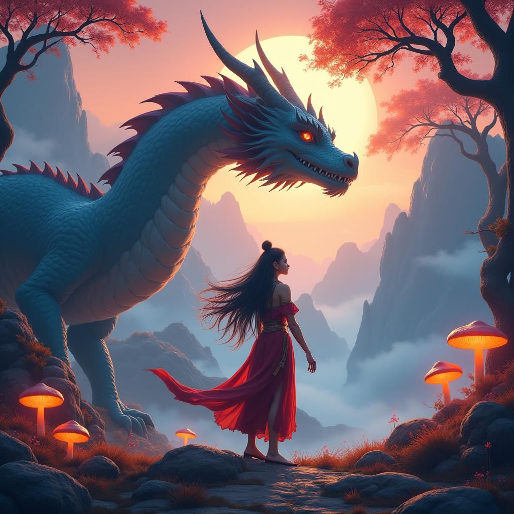 Fantasy Woman and Dragon Matte Painting