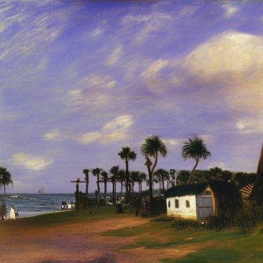 Beach Huts and Palm Trees with Purple Sky