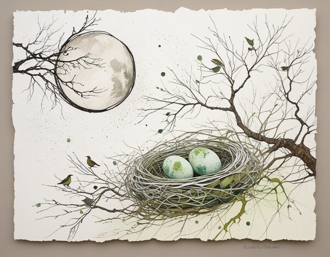Luminous Nighttime Nest with Emerging Bird