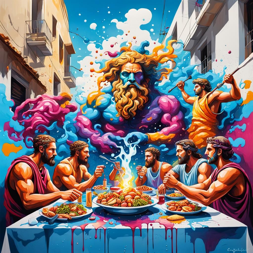 Greek Gods Dinner in Vibrant Graffiti Style