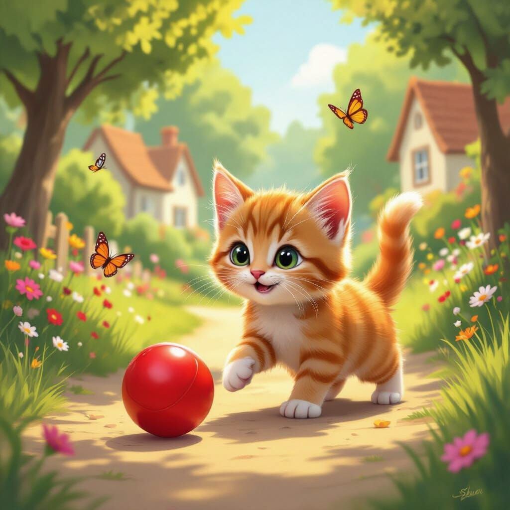 Orange Kitten Plays with Smiling Red Ball in Sunny Countrysi...