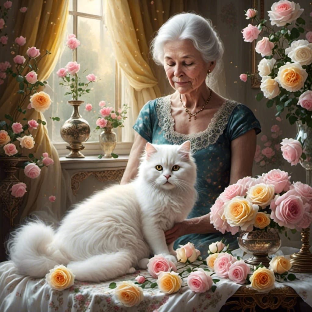 Victorian Watercolor of Roses and Kitten