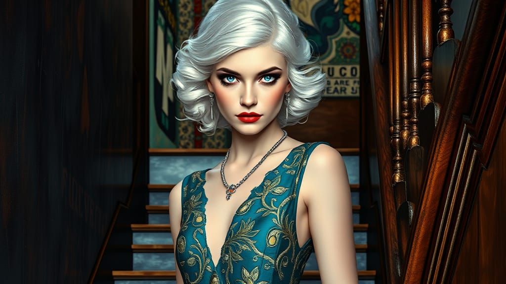 1920s Art Deco Lady in Splendid Peacock Dress