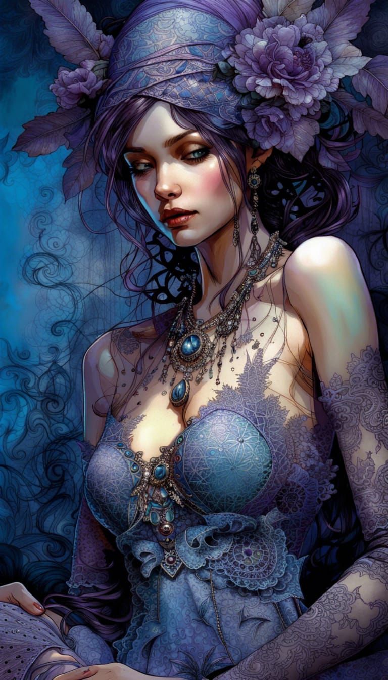 Glamorous Woman in Lace Nightgown, Hyperdetailed Artwork