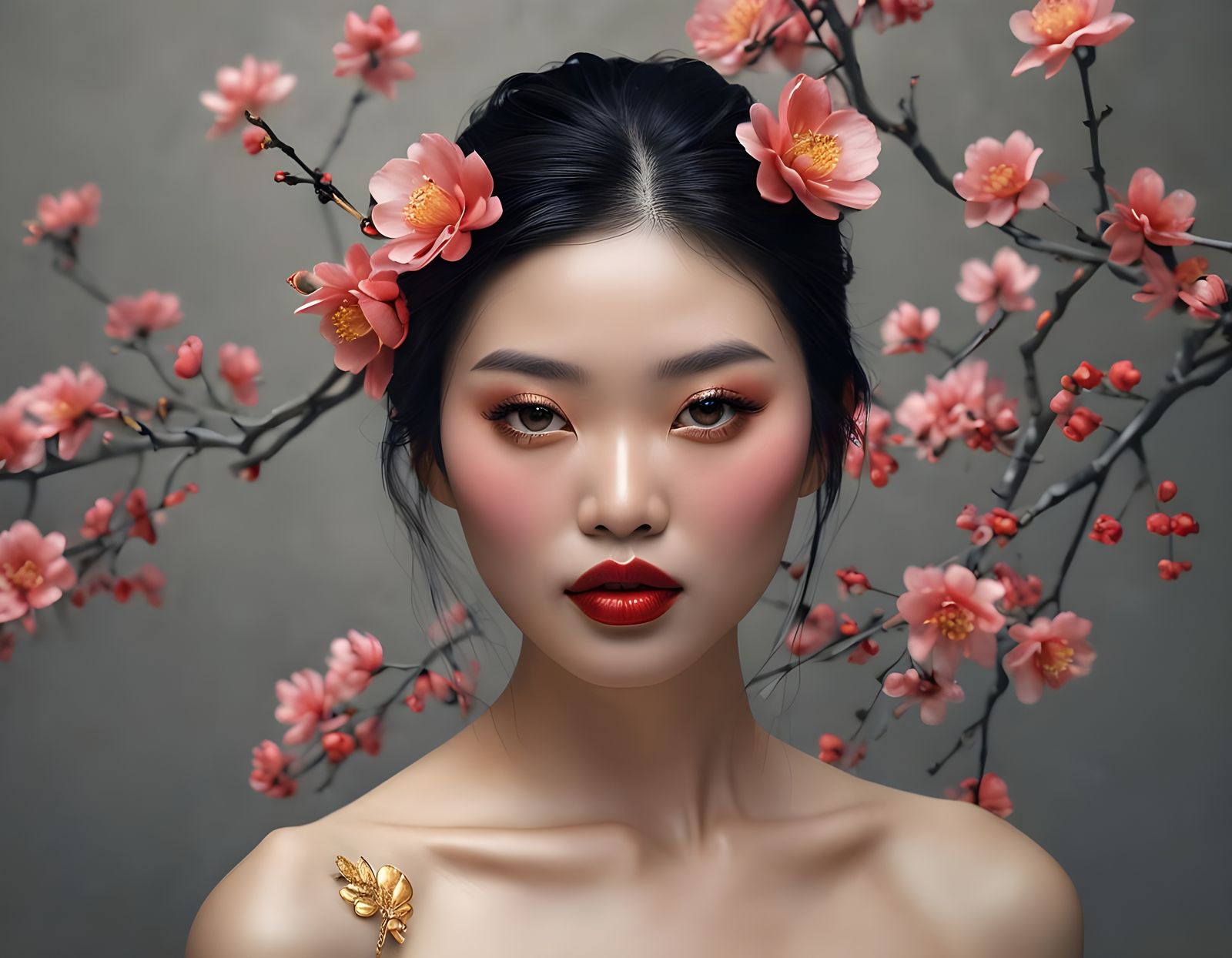 Portrait of a Young Chinese Woman in Drip Painting Oil Techn...