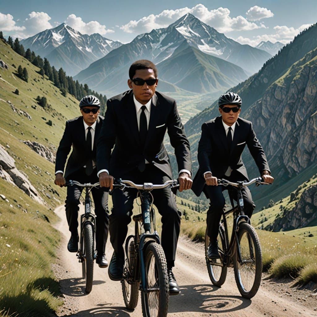Men in Black Cycling Through Mountains