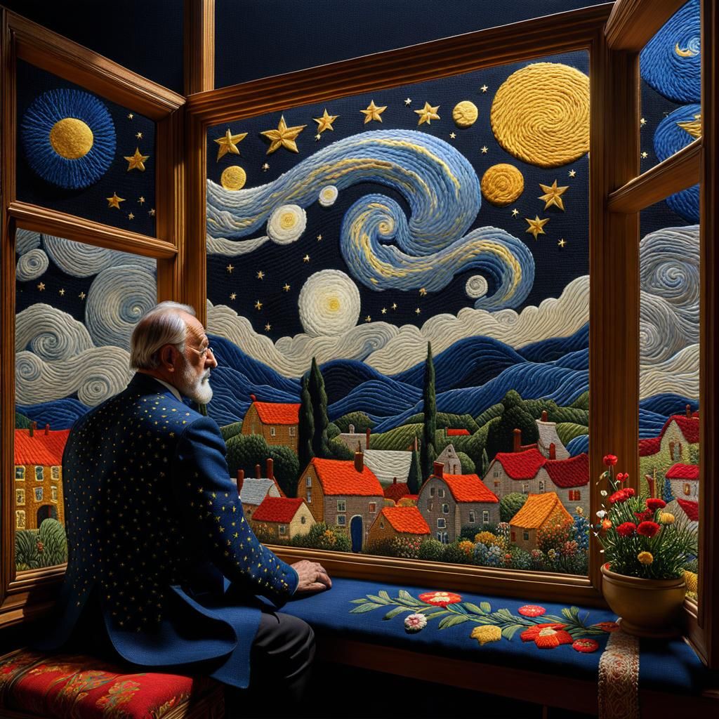 Surreal Starry Night Embroidery Art in 3D