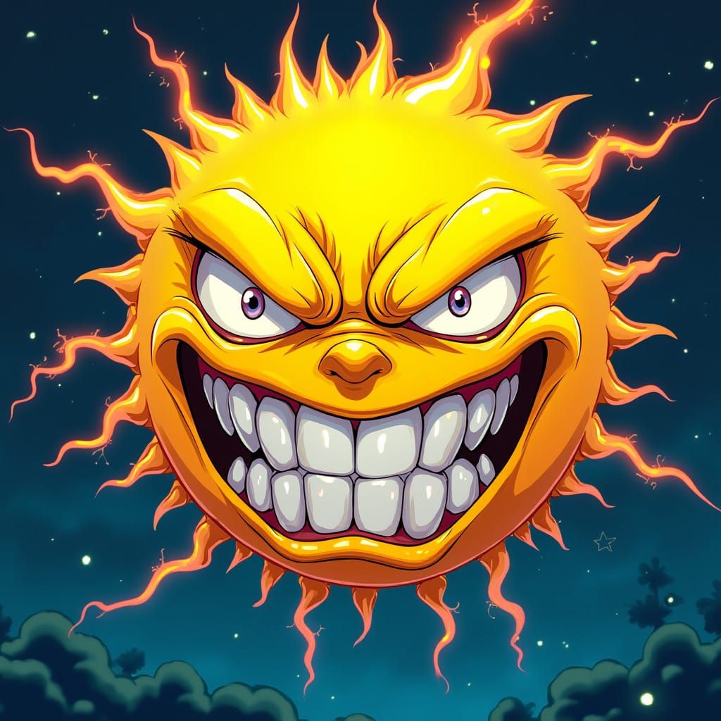 Electric Yellow Sun with Maniacal Grin in Deep Blue Backgrou...