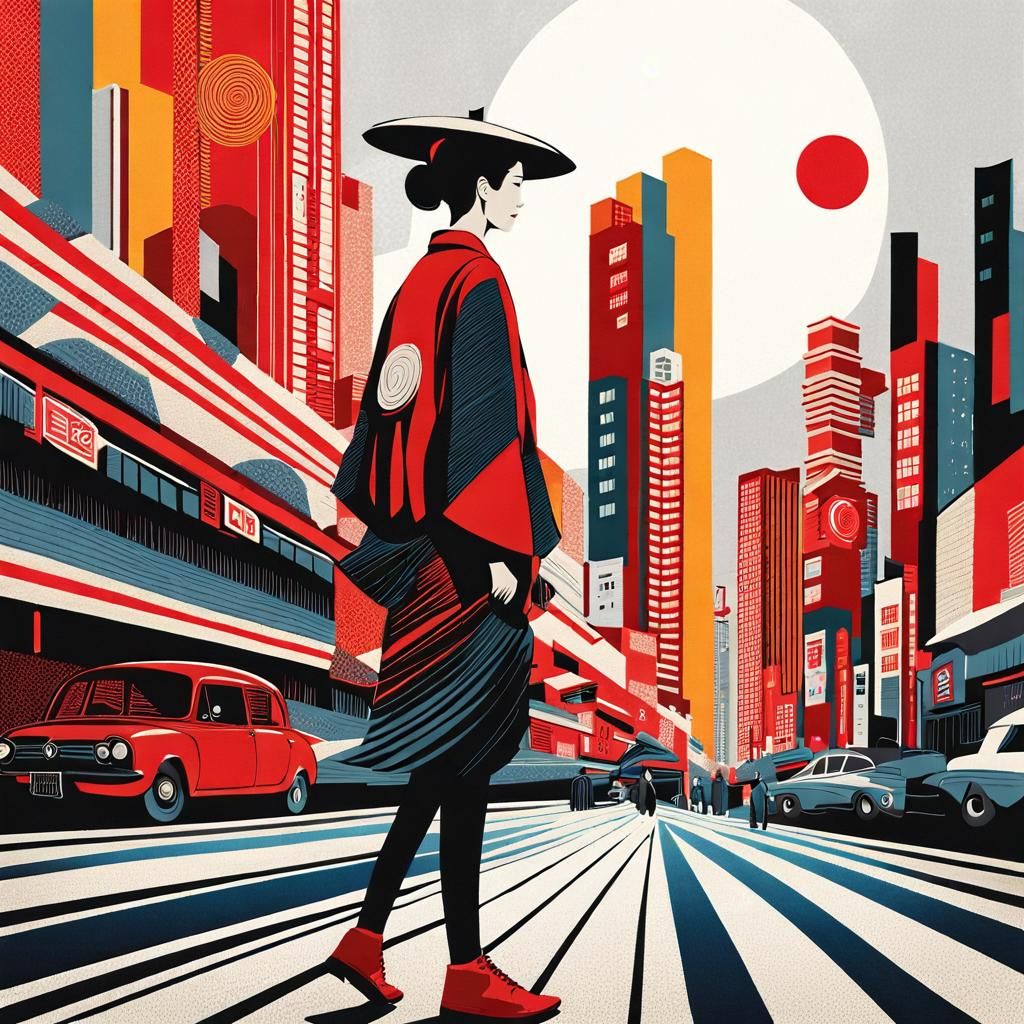 Tokyo Cityscape in Reds: Halftone Ukiyo-e Collage