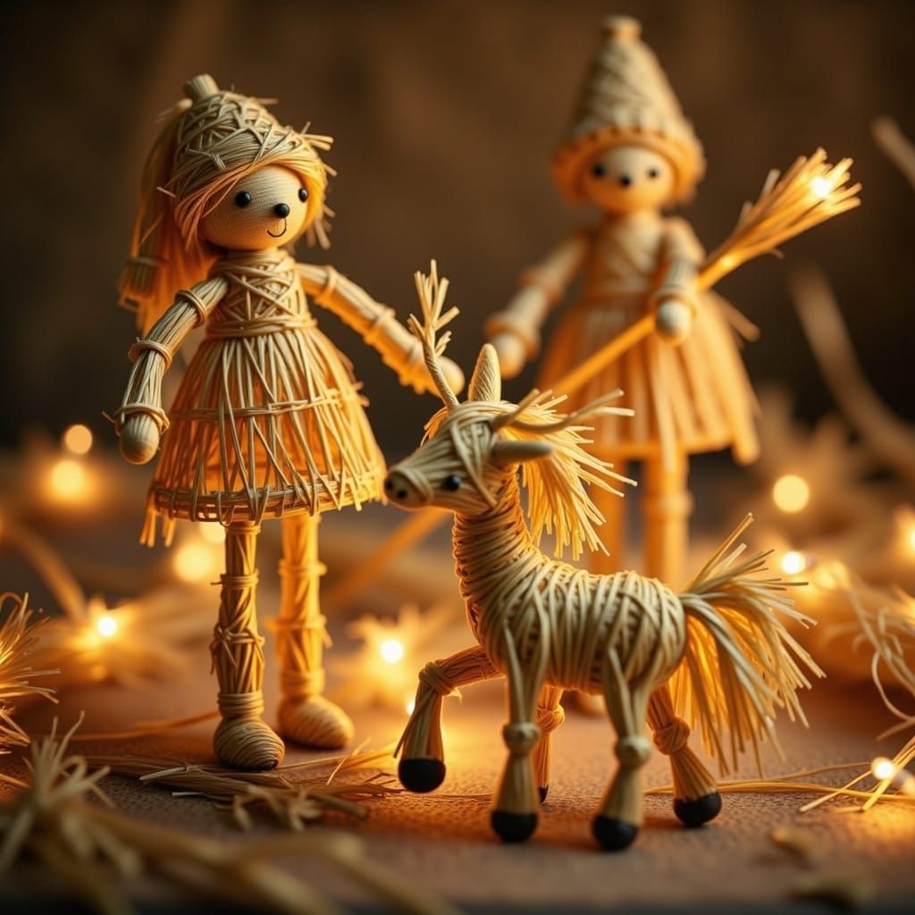 Golden Straw Christmas Decorations in Whimsical Still Life