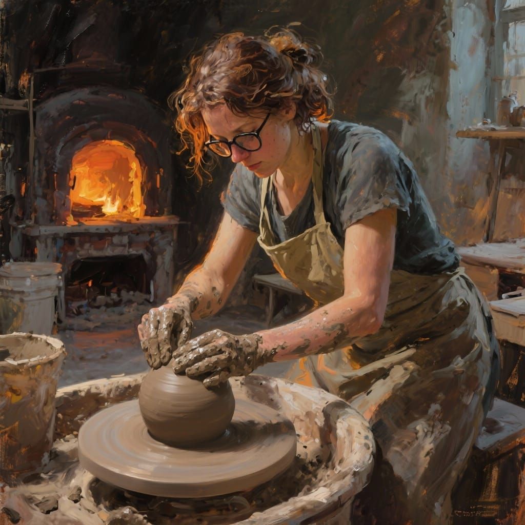 Woman Intensely Shaping Clay on Pottery Wheel
