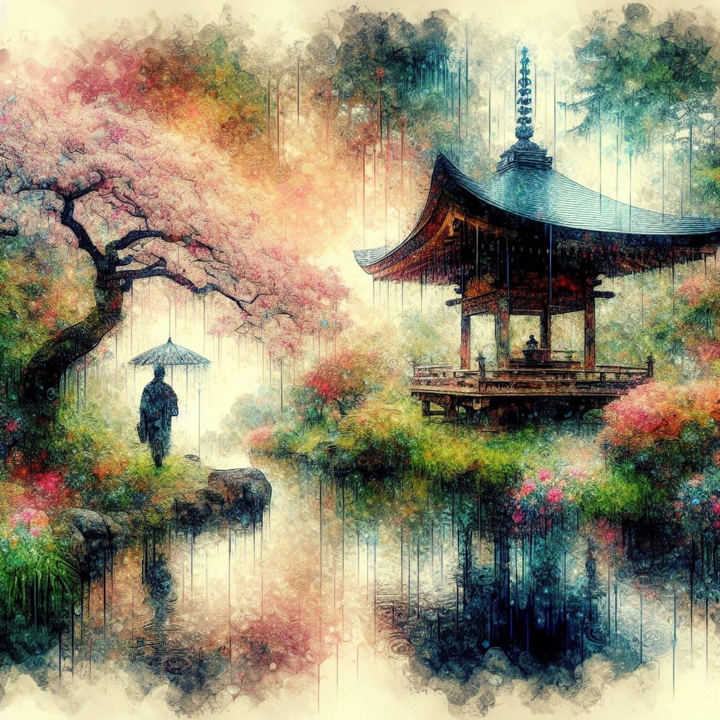 Serene Japanese Garden in Impressionist Watercolor Style