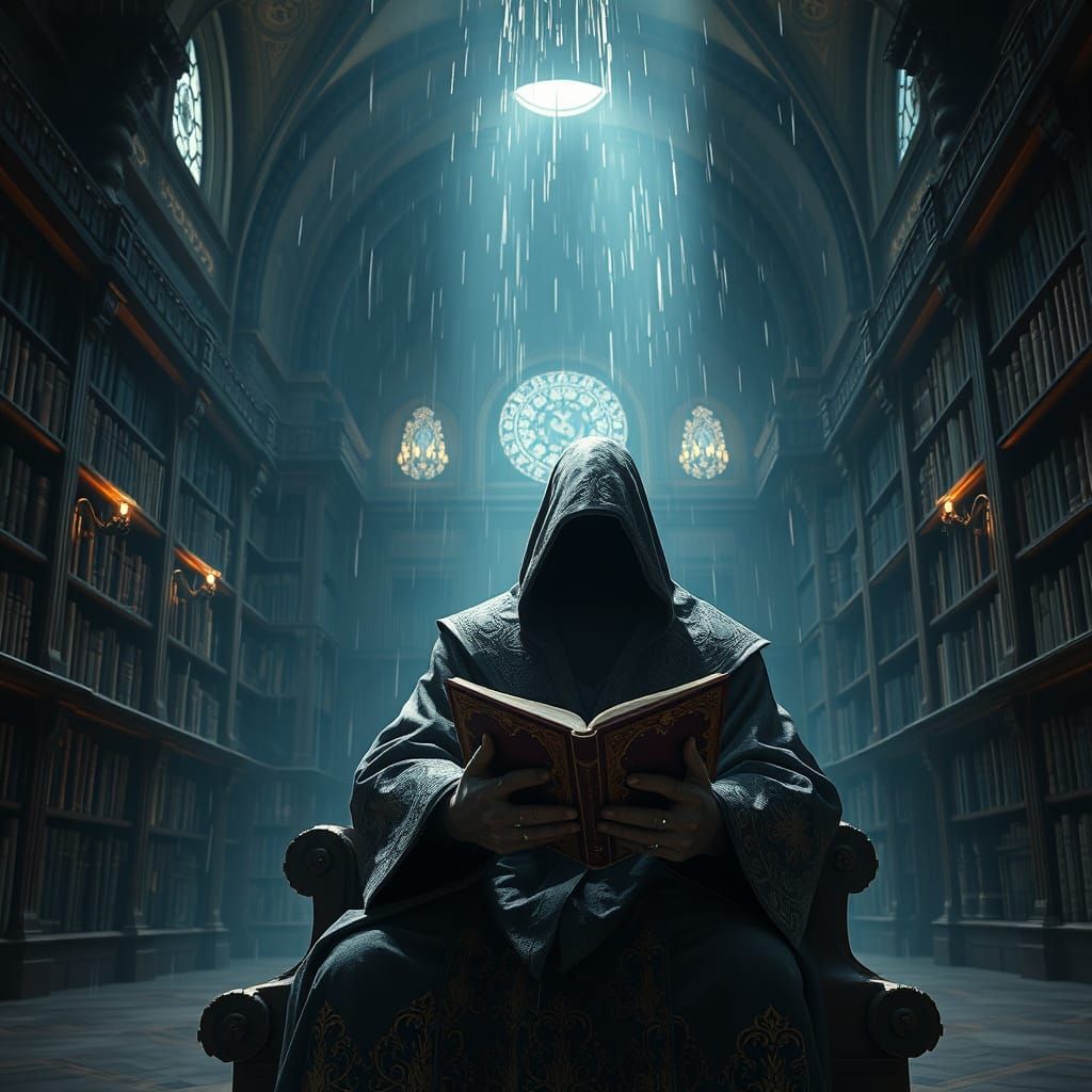 Mystical Figure Reading in Grand Library, Magical Realism