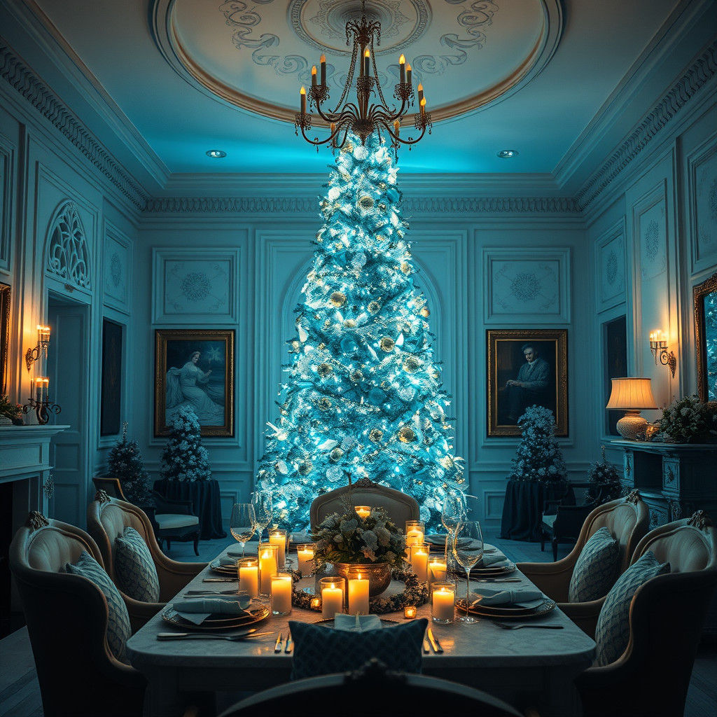 Blue and Gold Christmas Home Interior: Cinematic Lighting