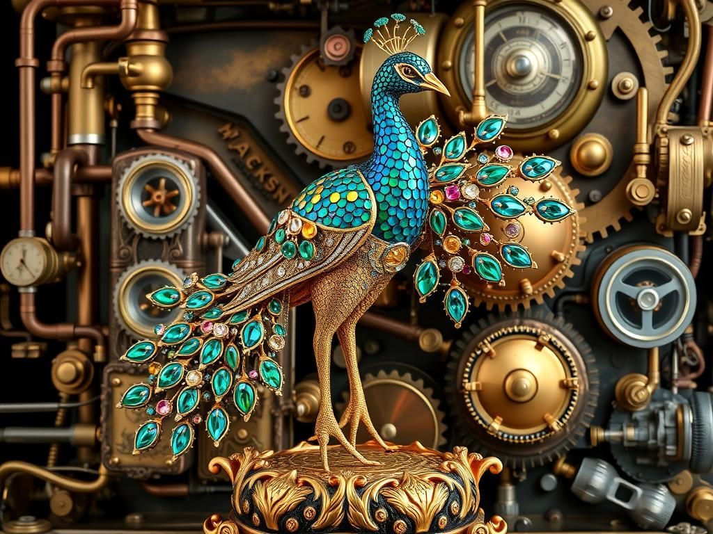 Jeweled Peacock with Steampunk Engine Background