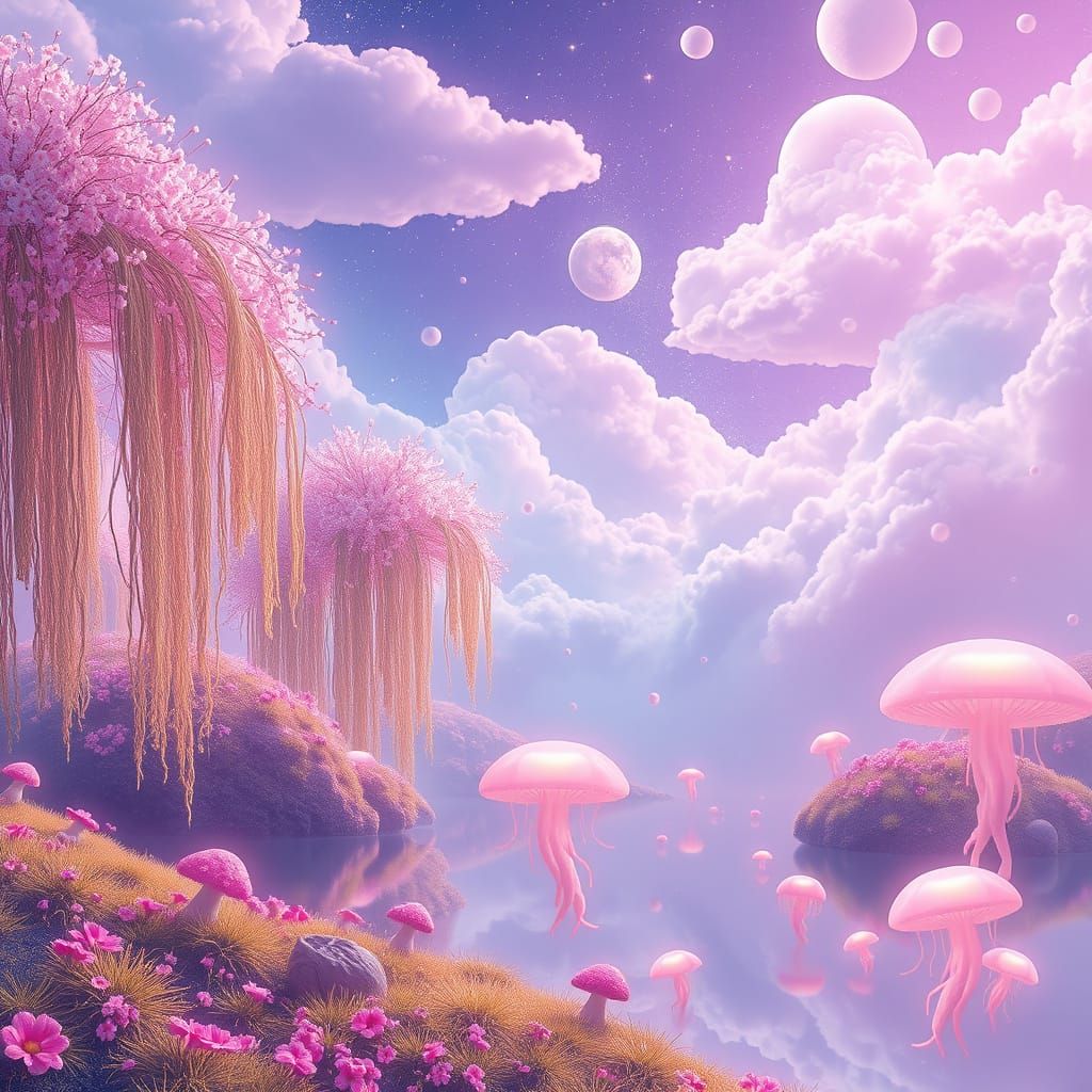 Ethereal Neon Dreamscape with Alien Spirit Creatures