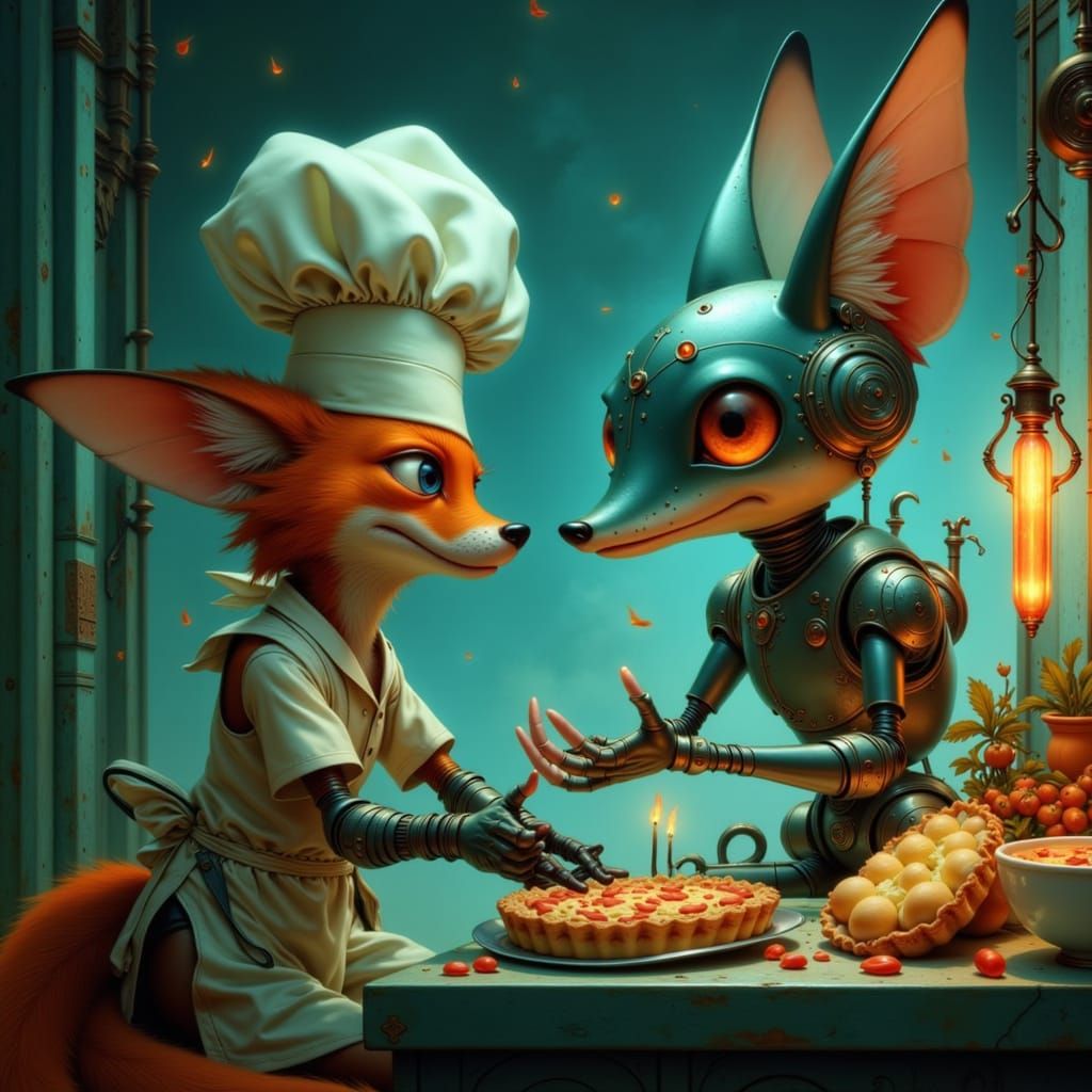 Fox Shares Pie with Robot in Retro-Futuristic City