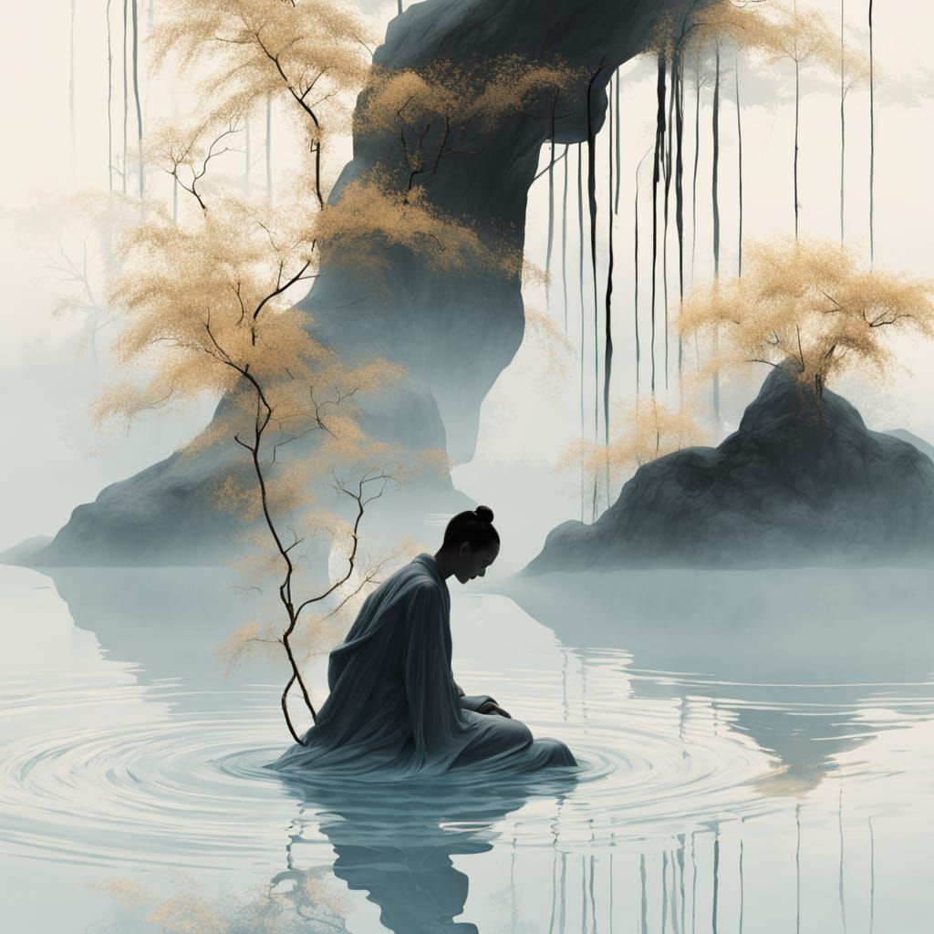 Monk in Bamboo Forest: Sumi-e Abstract Art