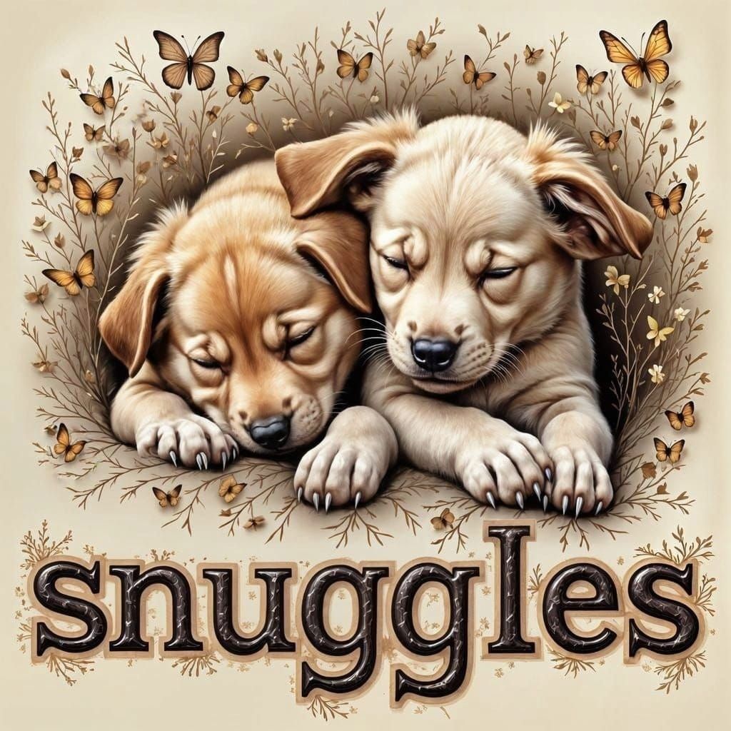 Two Puppies Embracing in Cozy Post-Impressionist Art