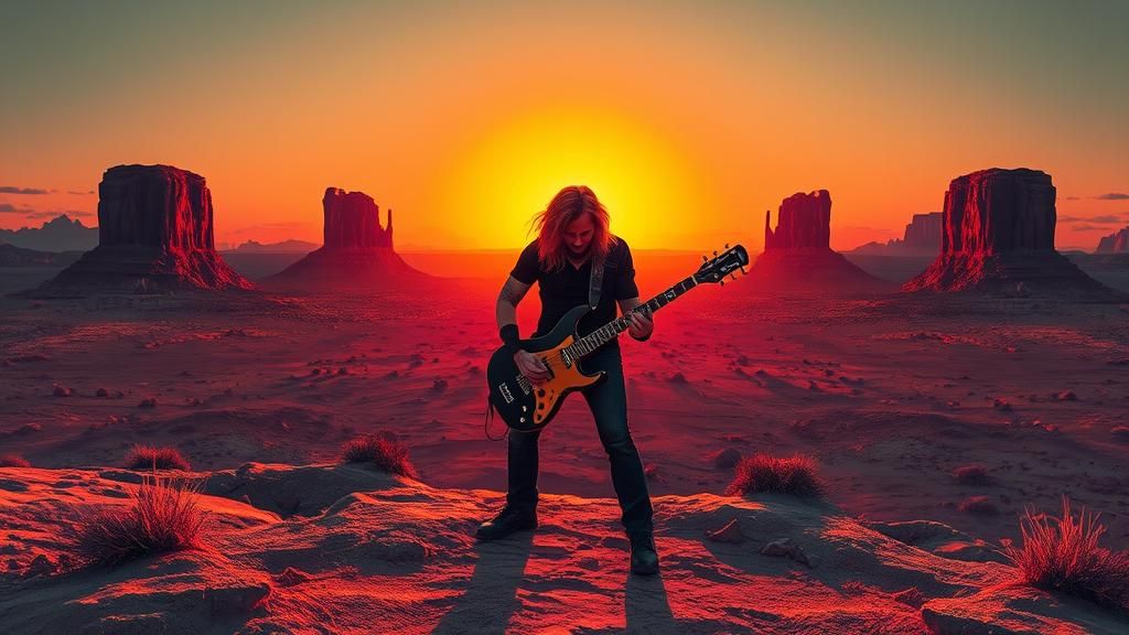 Gothic Rockstar's Fiery Guitar Solo in Sci-Fi Wasteland