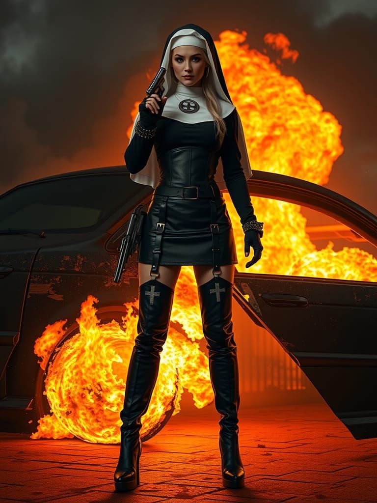 Nun-Agent in Fiery Car Explosion, Digital Art