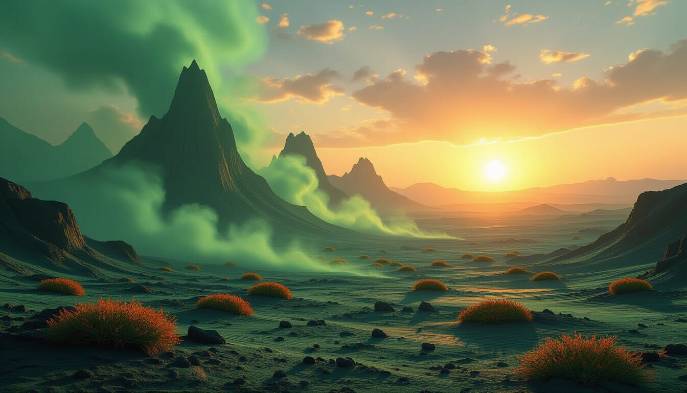 Alien Landscape with Toxic Green Mesa at Sunset