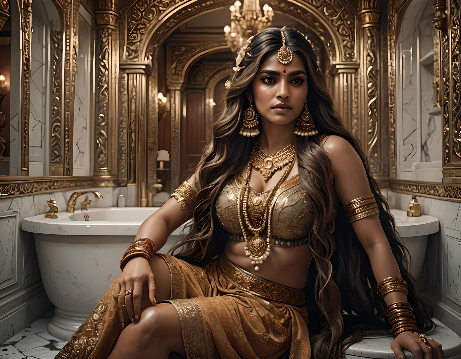 Elegant Indian Woman in Ornate Bathroom